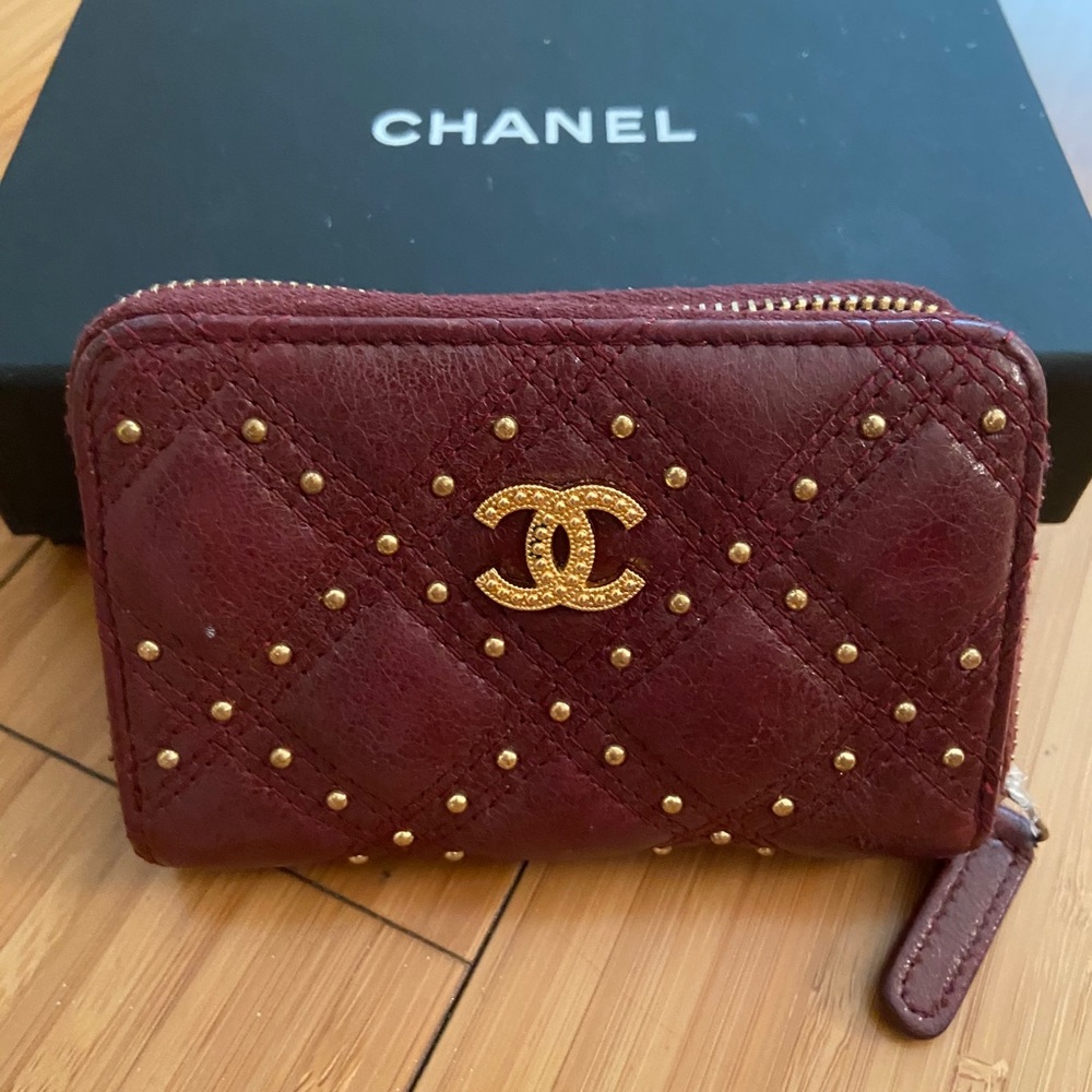 Authentic Chanel Coin Purse Burgundy Studded
